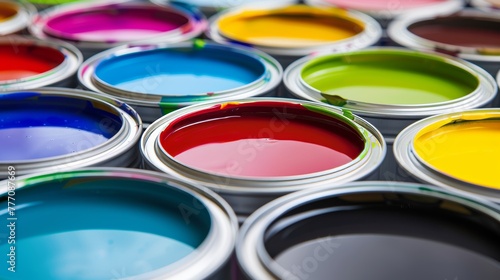 Variety of open paint cans displayed on a vibrant and diverse range of colorful backgrounds