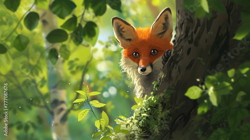 A curious fox peeking out from behind a tree, its vibrant fur contrasting against the green foliage.