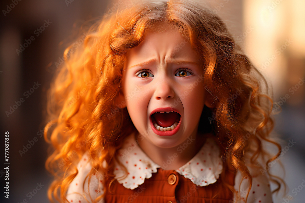 Crying girl with long curly red hair close-up, portrait, outdoors