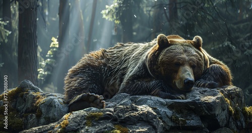 The Slumbering Giant A Majestic Bear Resting in the Wilderness Generative AI