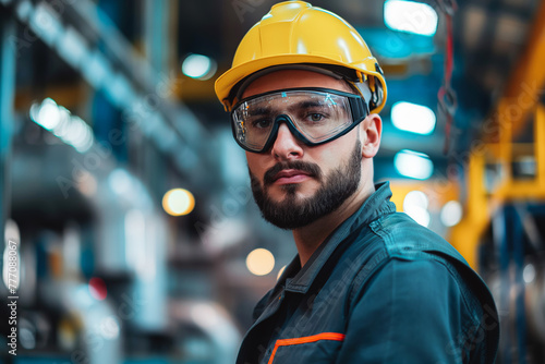 Portrait of Industry maintenance engineer man wearing uniform and safety hard hat on factory station. Industry, Engineer, construction concept. © VisualProduction
