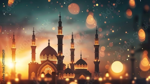 Eid al-Fitr with mosques silhouetted against a sunset bokeh backdrop
