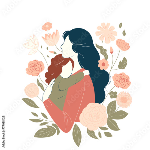 Mother and daughter. Mom hugs her child. Mother's day, holiday concept. Cartoon flat isolated vector design
