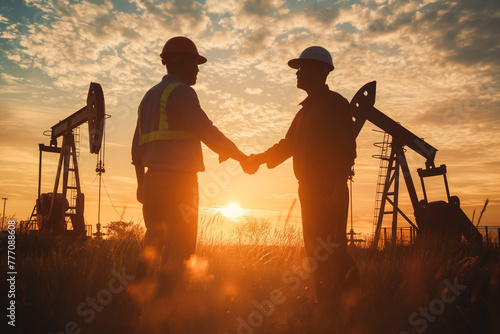 Silhouette of two engineers handshaking and making corporate contract outside in front of oil pump. People in helmets working in field at the oil. photo
