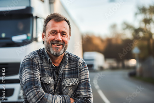 Smiling middle aged man truck driver posing with truck in the background.