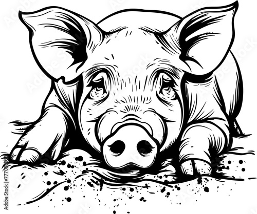 Pig in mud silhouette icon in black color. Vector template design.