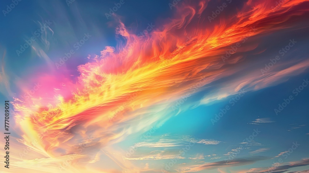 A colorful cloud with a rainbow in the sky. The sky is blue and the clouds are white