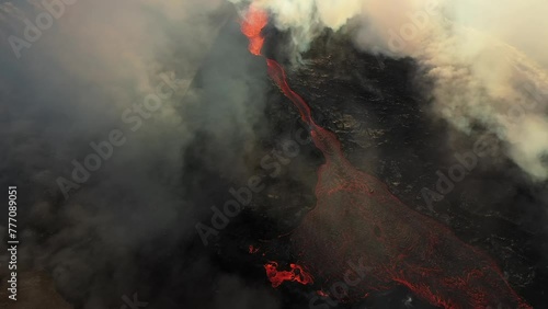 Aerial video of a volcanic eruption, lava and rivers, Litli Harut, Iceland photo