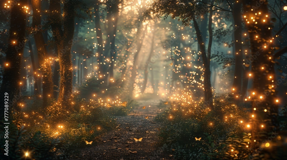 A forest with glowing lights and butterflies flying around