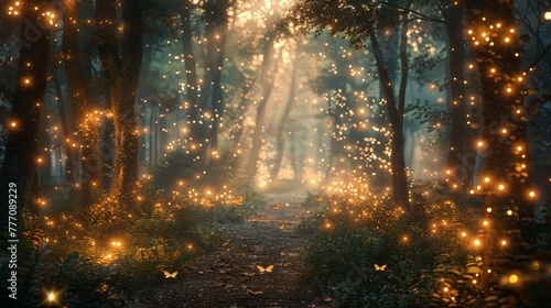 A forest with glowing lights and butterflies flying around © Sodapeaw