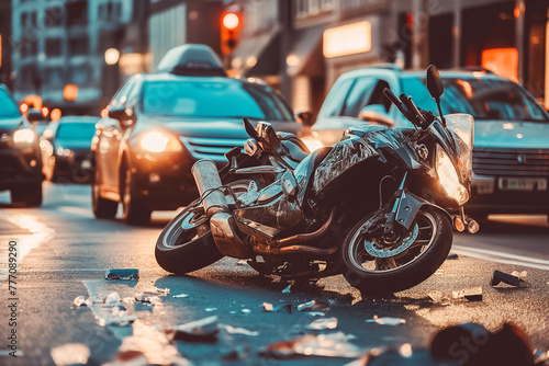 Traffic accident. Crashed motorcycle and car on city street at dusk. Traffic lights blurred in the background photo