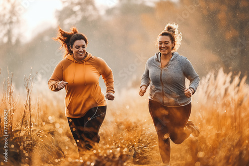Two plus sized women running together trough autumn forest in nature during light rain.