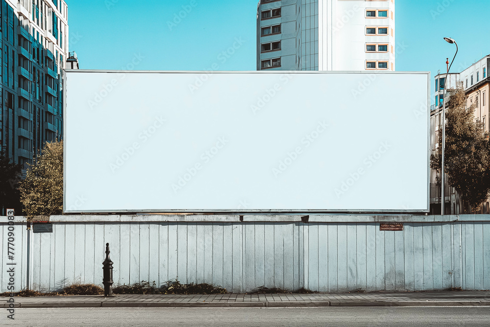 White large horizontal billboard mock up on grey fence wall with urban modern city background. White large horizontal billboard mock up on grey fence wall with urban modern city background.