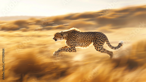 A graceful cheetah sprinting across the golden plains with incredible speed.
