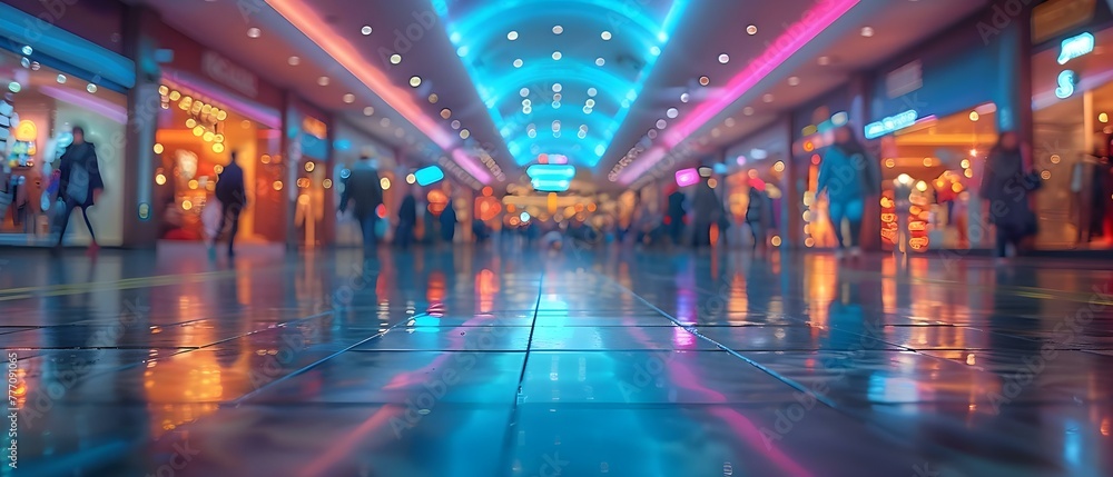 Blurry mall scene with people and stores showcasing dynamic and busy atmosphere. Concept Mall Photography, Busy Atmosphere, Blurry Scene, Dynamic Setting, Crowded Stores
