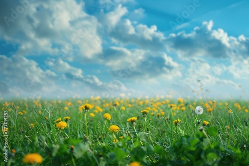 Vibrant meadow field with yellow dandelions under blue sky.