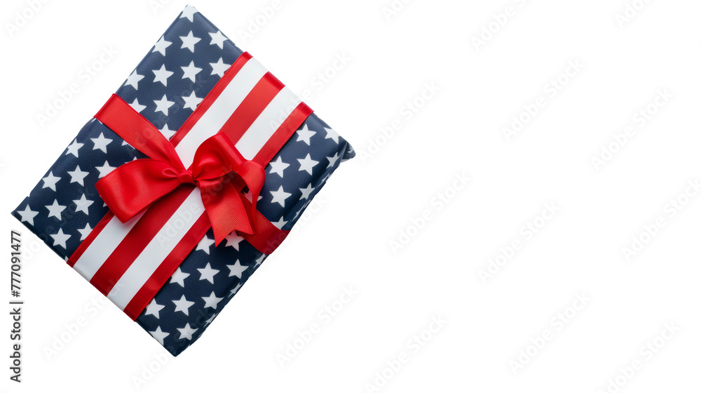 Obraz premium An American flag-themed gift box tied with a bold red ribbon, perfect for patriotic events or holidays like the Fourth of July, Independence day, Memorial Day. White background