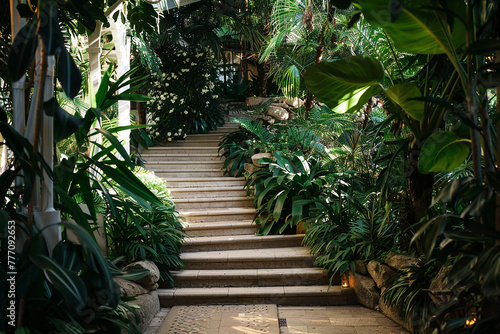   A staircase framed by lush greenery