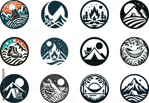 Camping Outdoor Themed Logo Set Tent Hammock Outdoor Camping Fire Hiking