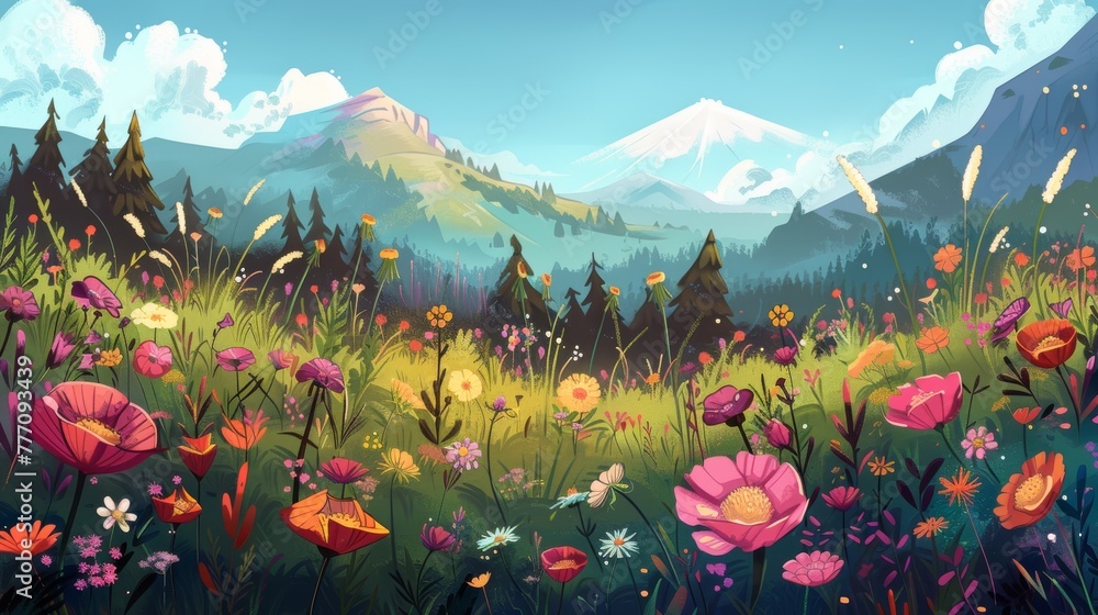 Detailed wildflower landscapes portrayed with cartoon simplicity.