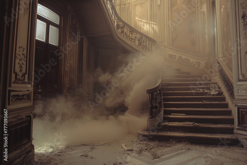 : A staircase in an old mansion, covered in dust