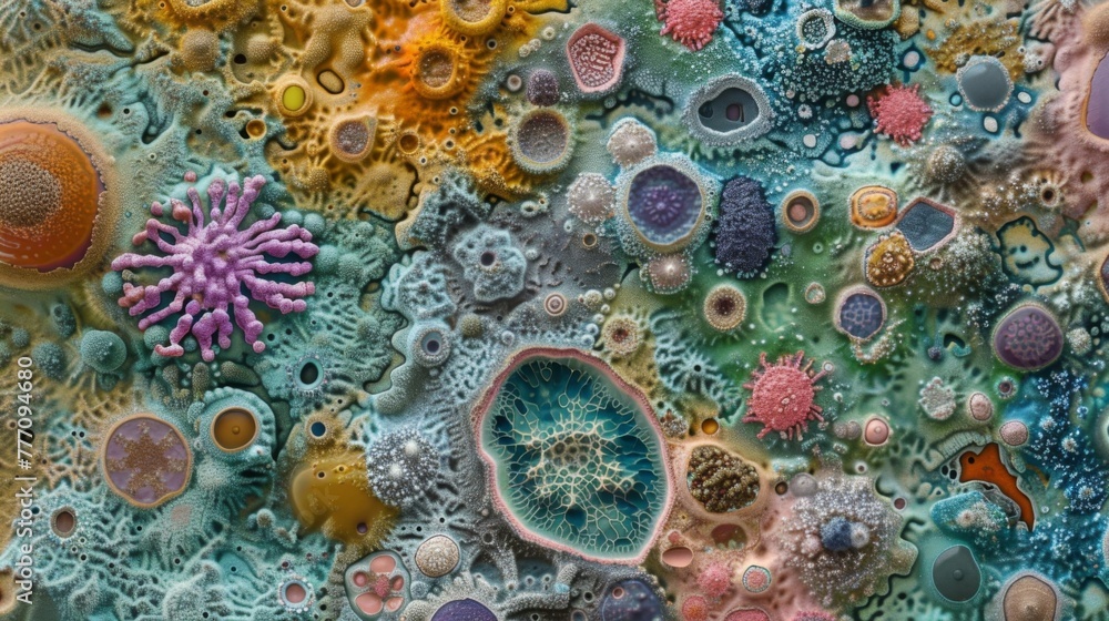 A micrograph of a diverse biofilm community on the seafloor with ...