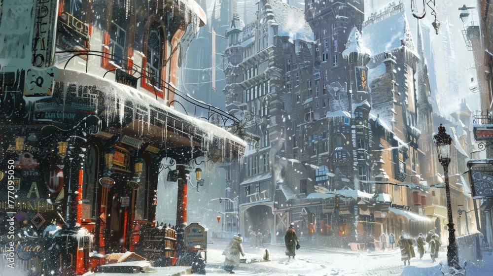 A snowy street corner with a towering cityscape in the background its buildings adorned with icicles and snowcovered roofs.