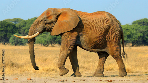 A majestic elephant walking through the African savannah  its trunk raised high in the air.