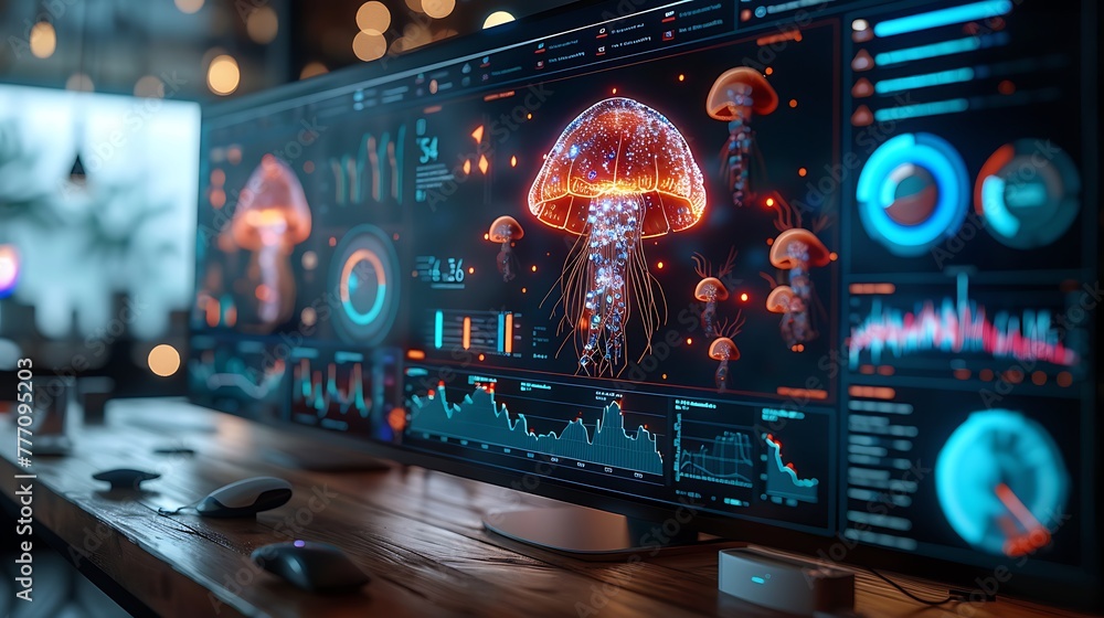 Obraz premium On the computer monitor, an abstract visualization of network activity and health, styled as an underwater odyssey.