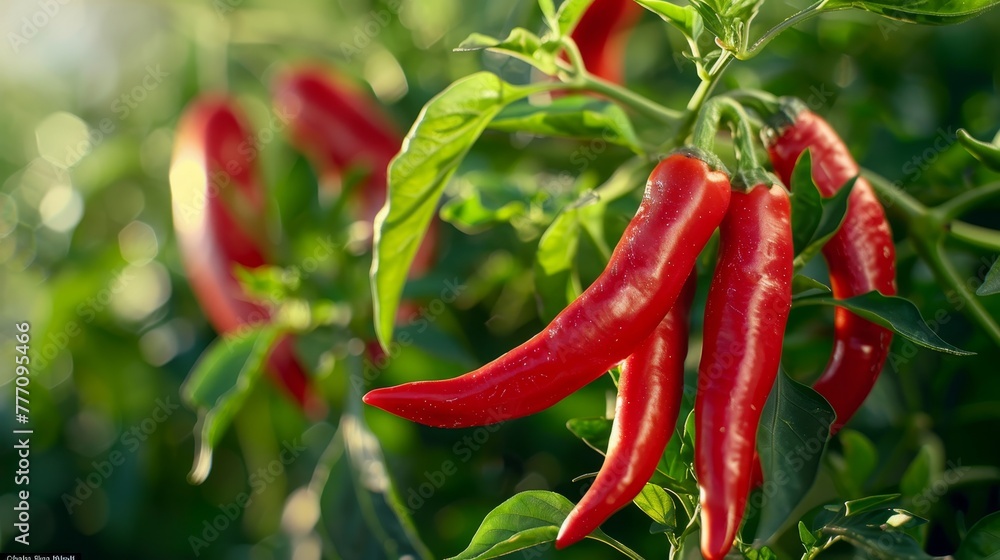 Vibrant red chilli peppers ripening in healthy greenhouse, glossy and crisp, ideal for fresh recipes Vibrant red chilli peppers ripening in healthy greenhouse, glossy and crisp, ideal for fresh recipes