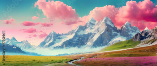 for advertisement and banner as Alpine Echoes The majesty of alpine landscapes echoed in watercolor hues. in watercolor landscape theme theme  Full depth of field  high quality  include copy space on 
