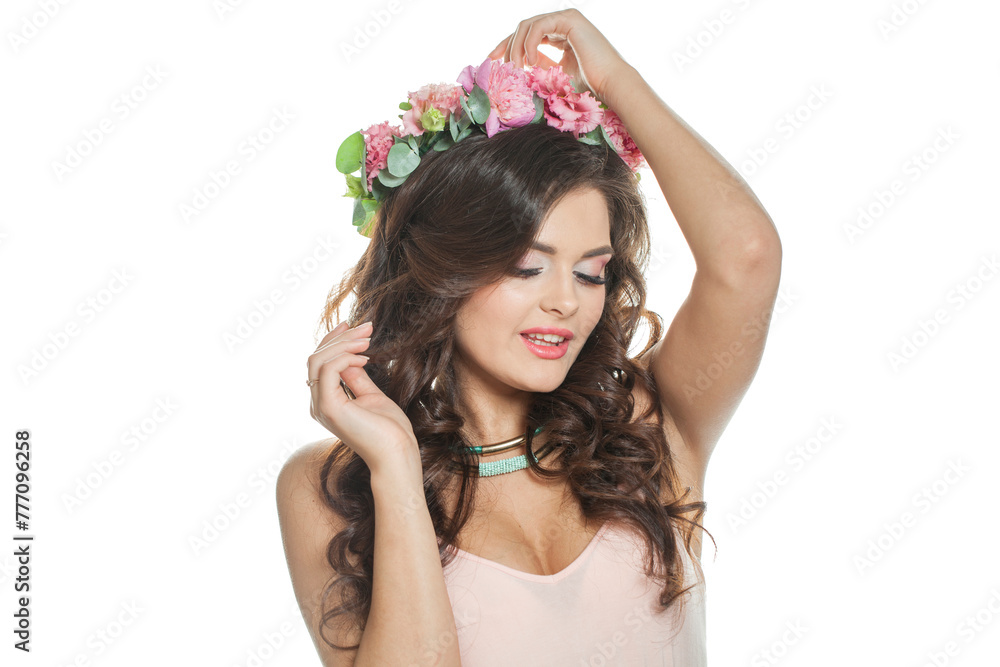 Good-looking young model with long curly hair, makeup and perfect healthy skin, floral blossom portrait. Spring beauty, cosmetology, facial treatment, skincare and haircare concept Good-looking young model with long curly hair, makeup and perfect healthy skin, floral blossom portrait. Spring beauty, cosmetology, facial treatment, skincare and haircare concept