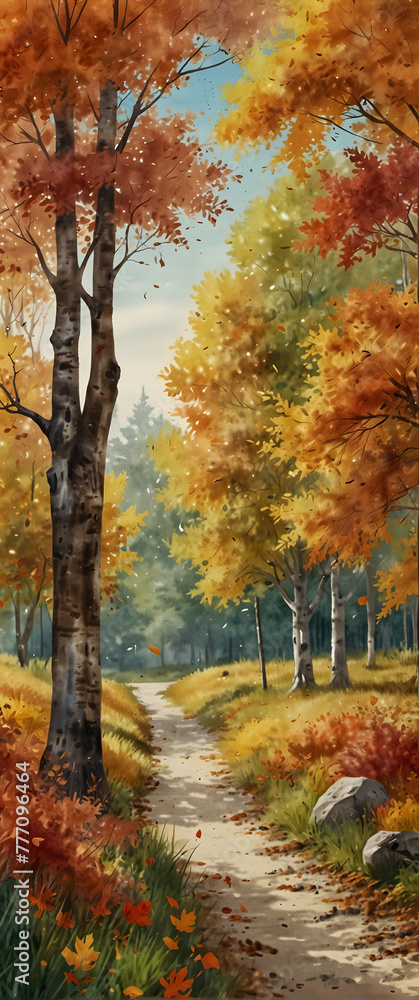 for advertisement and banner as Autumn Harmony Autumnal harmony captured in watercolor highlighting the season palette. in watercolor landscape theme theme ,Full depth of field, high quality ,include 