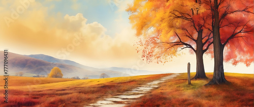 for advertisement and banner as Autumn Harmony Autumnal harmony captured in watercolor highlighting the season palette. in watercolor landscape theme theme ,Full depth of field, high quality ,include 