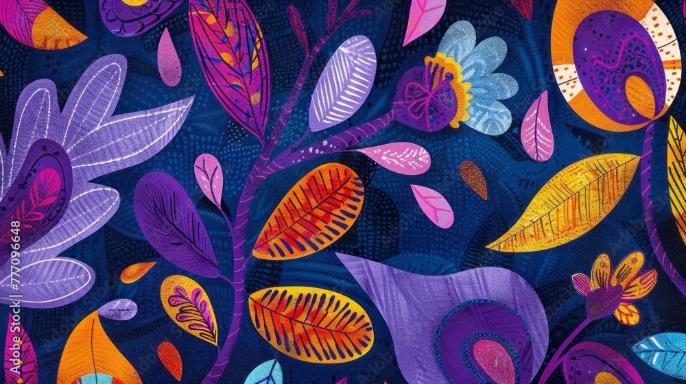 Naklejka premium A purple background with colorful abstract motifs, showcasing folk-inspired illustrations, a subtle tonal range, and pictorial fabrics with subtle tonal variations.