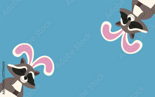 Raccoon Bunny Frame with Blank Field. Easter background with Funky Coon isolated blue color. Vector illustration can used web backdrop template. Y2K Vector aesthetic.