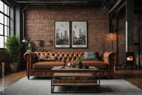 Gemütliches Industrie-Loft mit Chesterfield-Sofa und charaktervoller Backsteinwand
