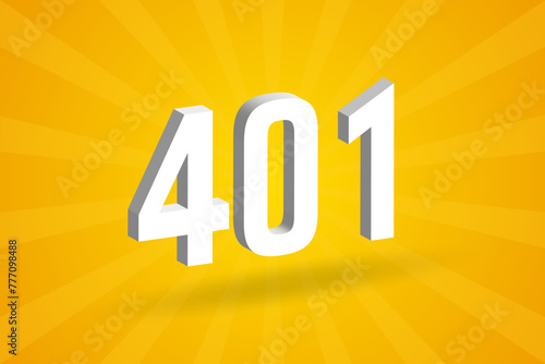 3D 401 number font alphabet. White 3D Number 401 with yellow background