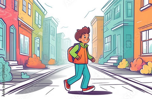 child with school backpack walking on the street illustration 