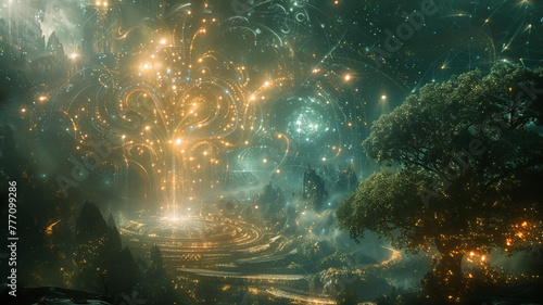 Fantasy scene of a mystical forest illuminated by magical glowing ornaments and mystical lights.