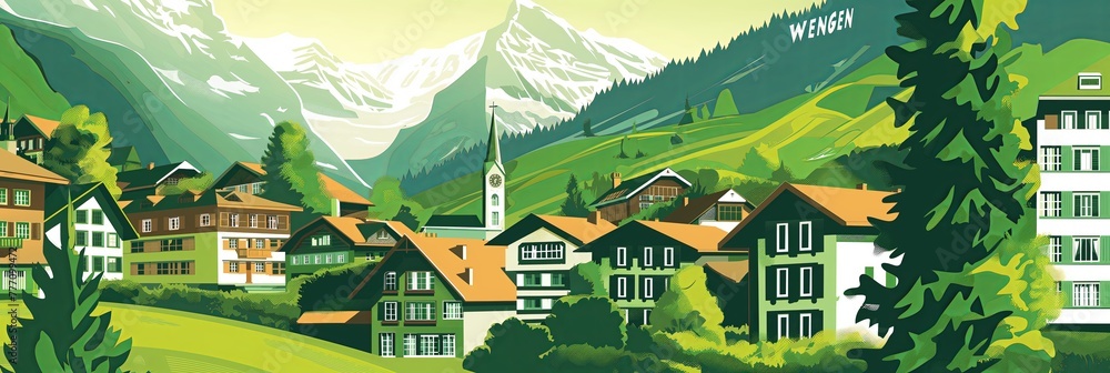 Illustration of Wengen village with classic Swiss houses set against majestic mountains, ideal for travel guides.