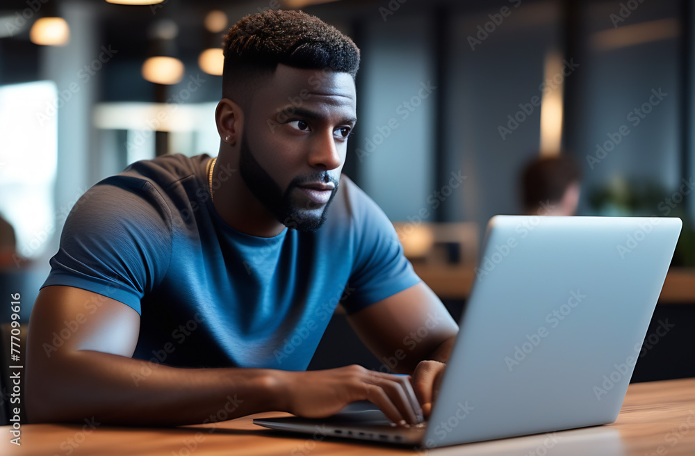 Handsome black man working on laptop at home Handsome black man working on laptop at home