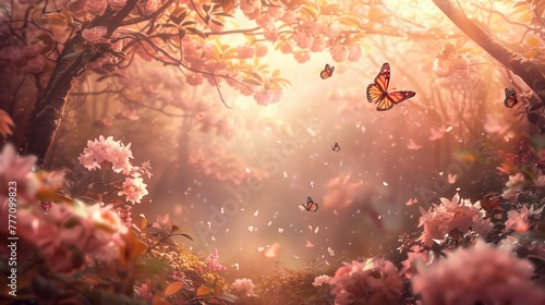 Enchanting Pink Sakura Paradise: Butterflies in Dance, Sunlit Whimsy, and Ethereal Calm