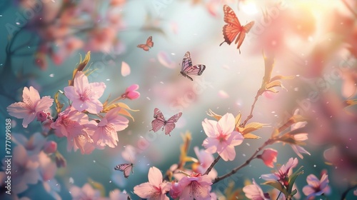 Whimsical Pink Sakura Garden: Graceful Butterflies, Soft Sunlight, and Dreamy Serenity