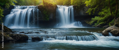 for advertisement and banner as Cascading Waters Illustrate the dynamic movement of waterfalls and cascades. in Fresh Landscape theme  Full depth of field  high quality  include copy space on left  No