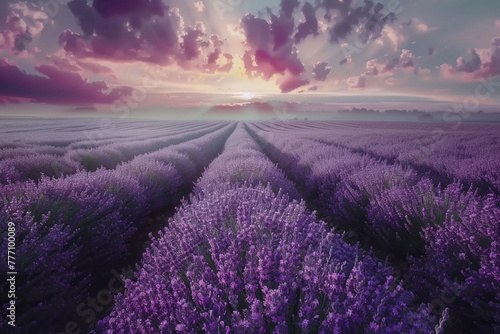 A mesmerizing 4K photograph of a field of lavender in full bloom, with rows of purple flowers stretching towards the horizon, emitting a soothing fragrance.