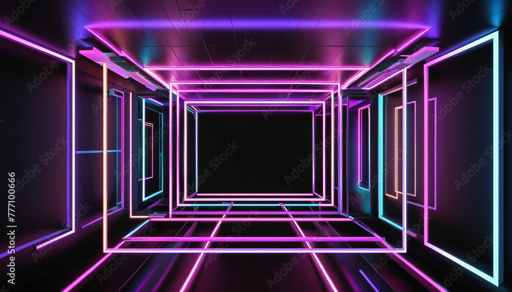 3d render. Abstract geometric background of square neon frames glowing in the dark. Performance stage platform. Modern simple wallpaper bright colors