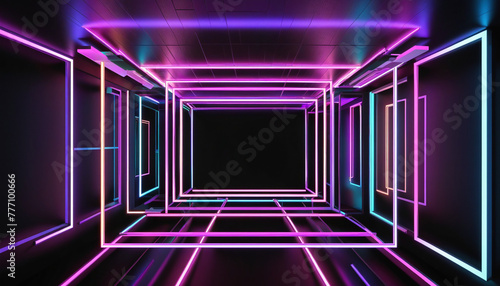3d render. Abstract geometric background of square neon frames glowing in the dark. Performance stage platform. Modern simple wallpaper bright colors