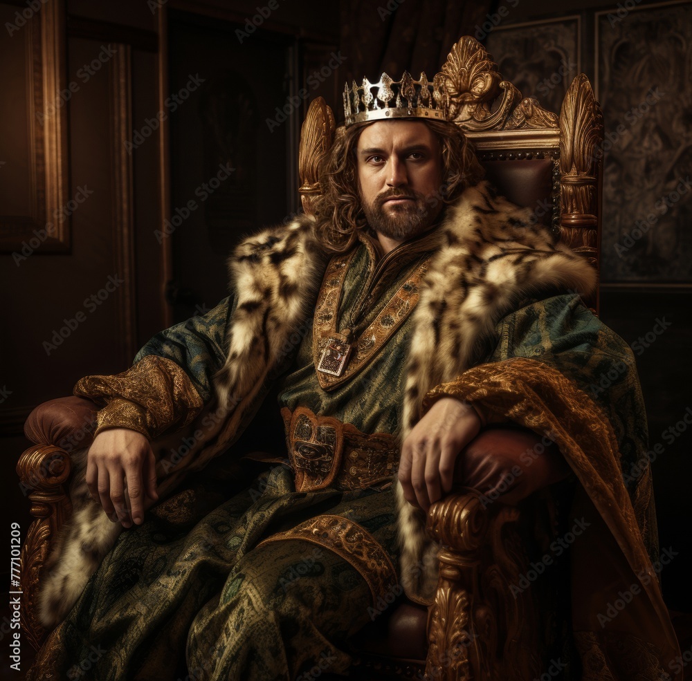 Studio shot of a richly garbed king sitting on a throne holding his scepter. Generative AI. Studio shot of a richly garbed king sitting on a throne holding his scepter. Generative AI.