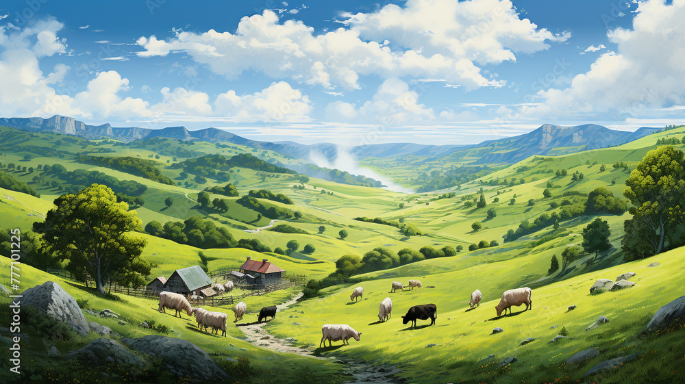 A panoramic view of a peaceful countryside with rolling hills and grazing livestock.